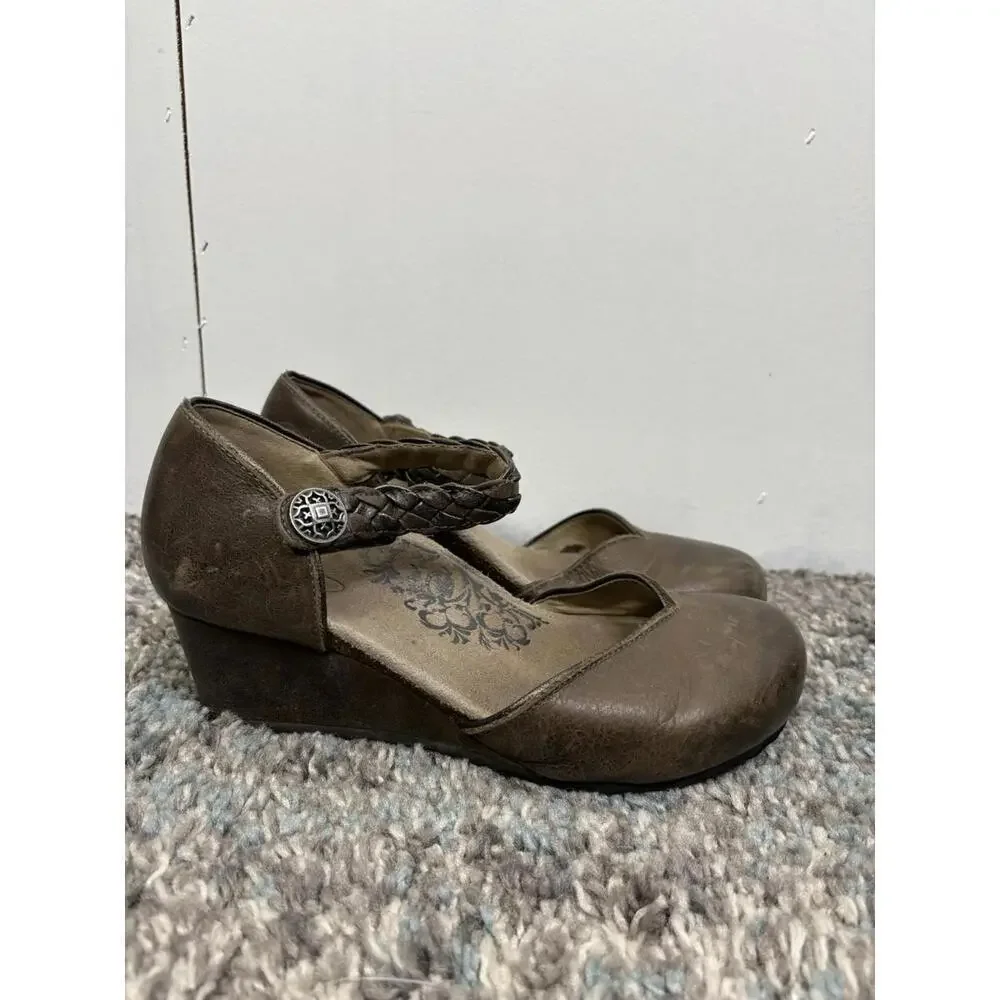 Aetrex Shoes Womens 7.5 Mia Wedge Braided Mary Jane Ankle Strap Leather Brown